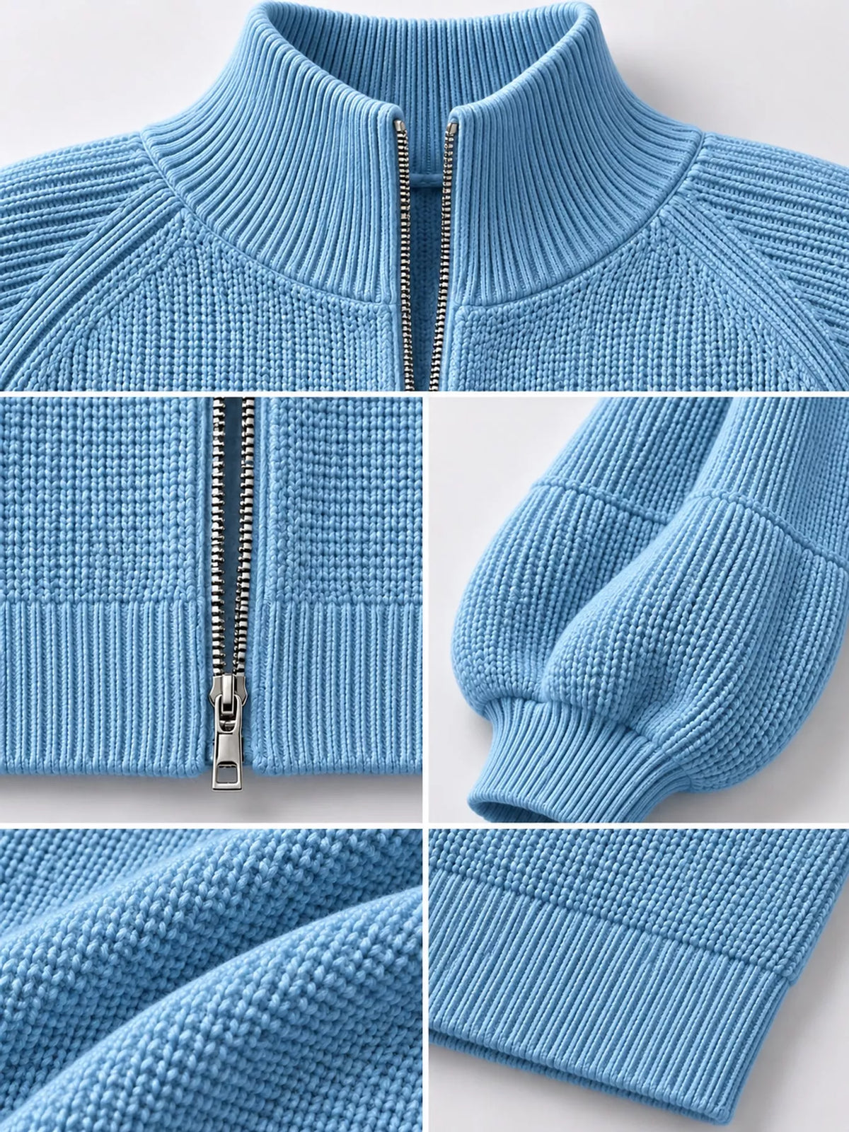 Full Size Elegant Ribbed Knit Zip-Up Cardigan with Lantern Sleeves Plus Size
