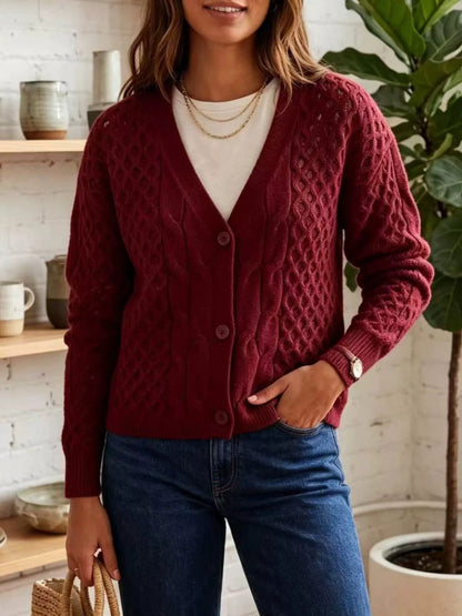 Cable-Knit V-Neck Button-Down Cardigan