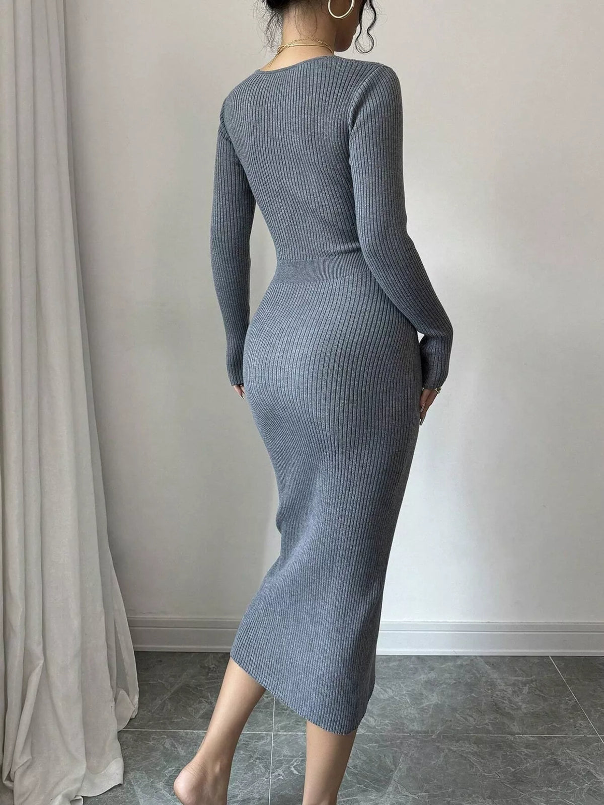 Decorative Button Ribbed Knit Sweater Dress