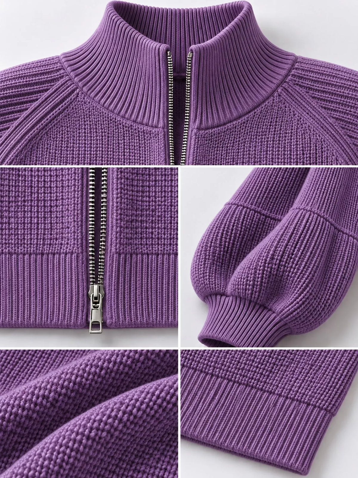 Full Size Elegant Ribbed Knit Zip-Up Cardigan with Lantern Sleeves Plus Size