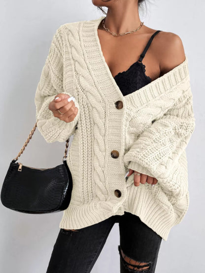 Cable Knit V-Neck Button-Down Cardigan