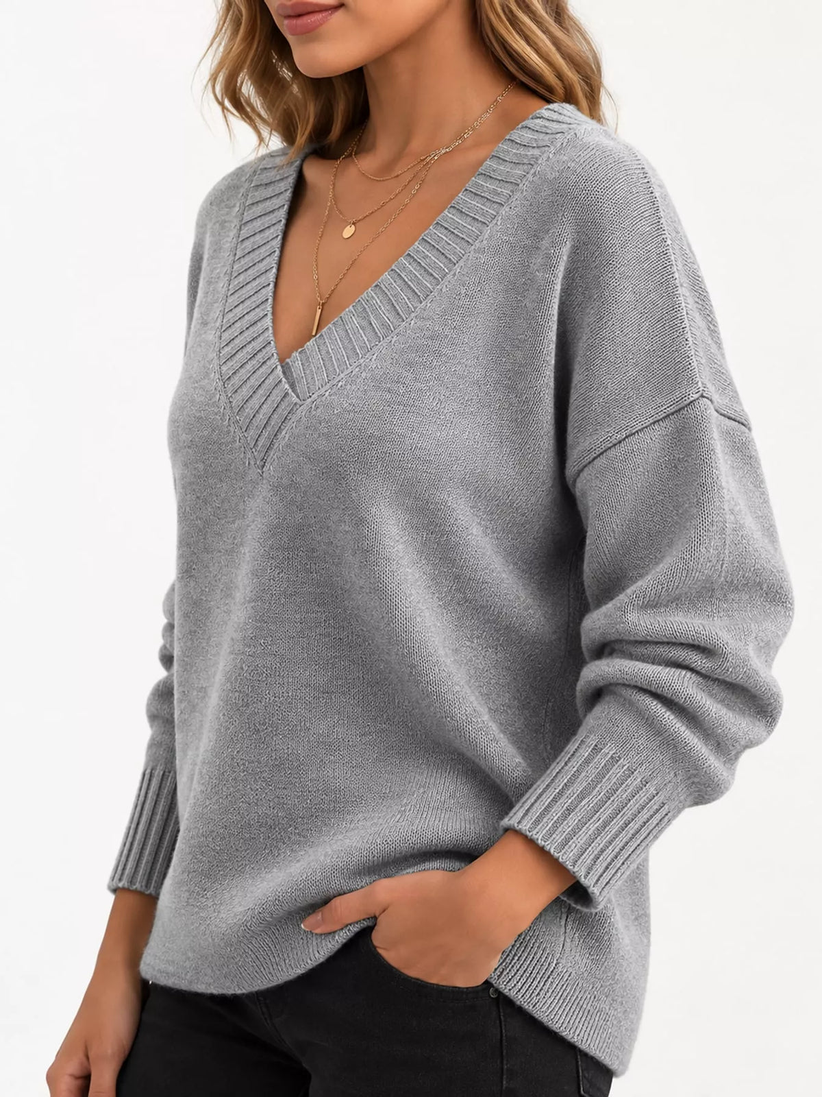 Full Size V-Neck Dropped Shoulder Sweater Plus Size