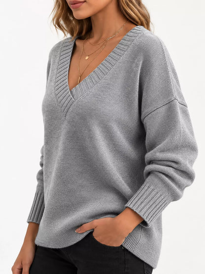 Full Size V-Neck Dropped Shoulder Sweater Plus Size