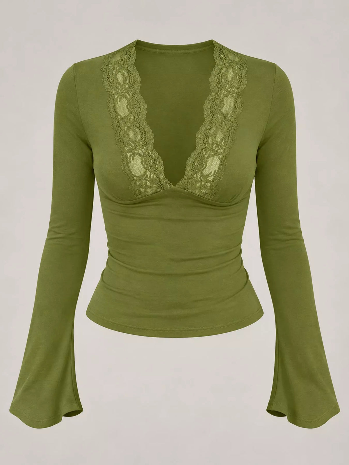 Lace Trim V-Neck Long Sleeve Slim Fit T-Shirt