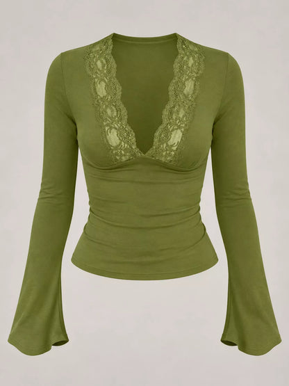 Lace Trim V-Neck Long Sleeve Slim Fit T-Shirt