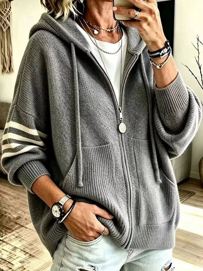 Full Size Casual Hooded Zip-Up Knit Cardigan Plus Size