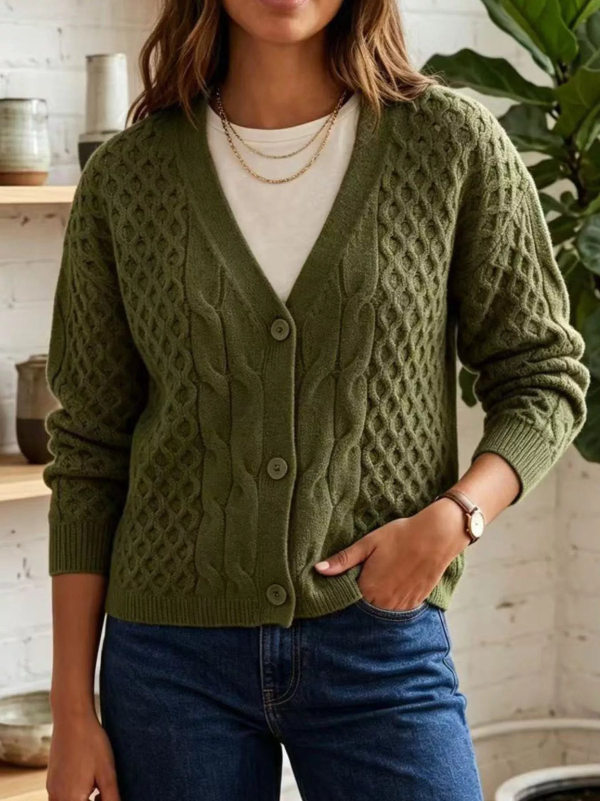 Cable-Knit V-Neck Button-Down Cardigan