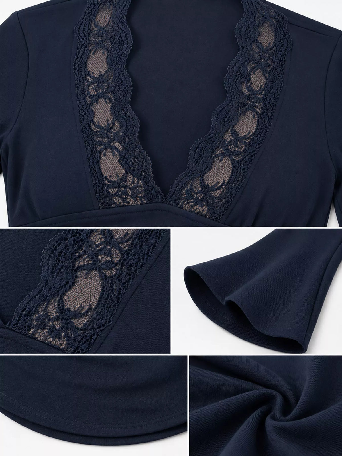 Lace Trim V-Neck Long Sleeve Slim Fit T-Shirt