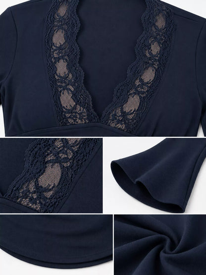 Lace Trim V-Neck Long Sleeve Slim Fit T-Shirt
