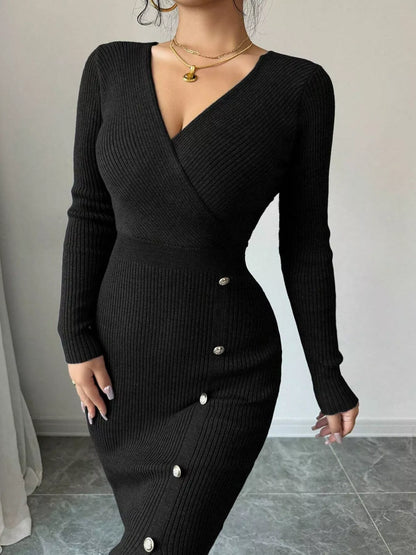 Decorative Button Ribbed Knit Sweater Dress