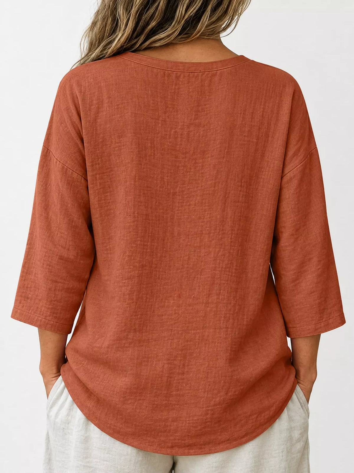 Full Size Button Detail Notched 3/4 Sleeve Blouse Plus Size