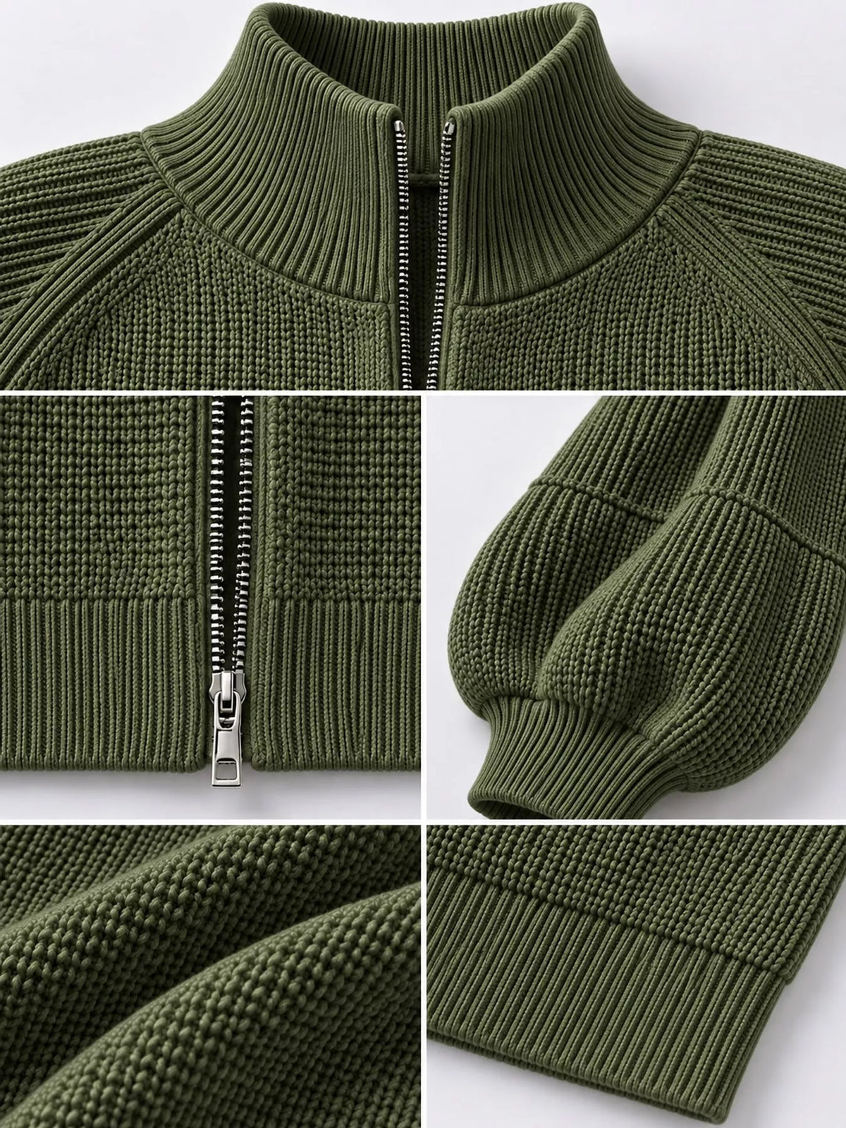 Full Size Elegant Ribbed Knit Zip-Up Cardigan with Lantern Sleeves Plus Size