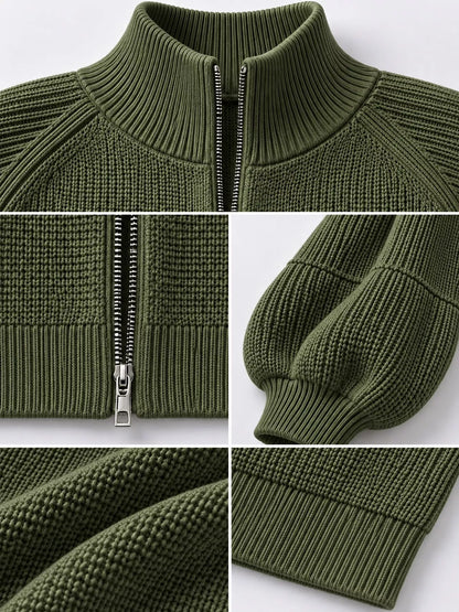 Full Size Elegant Ribbed Knit Zip-Up Cardigan with Lantern Sleeves Plus Size
