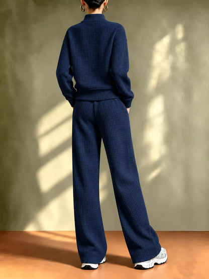 Waffle Knit Button-Up Outerwear and Wide-Leg Pants Set