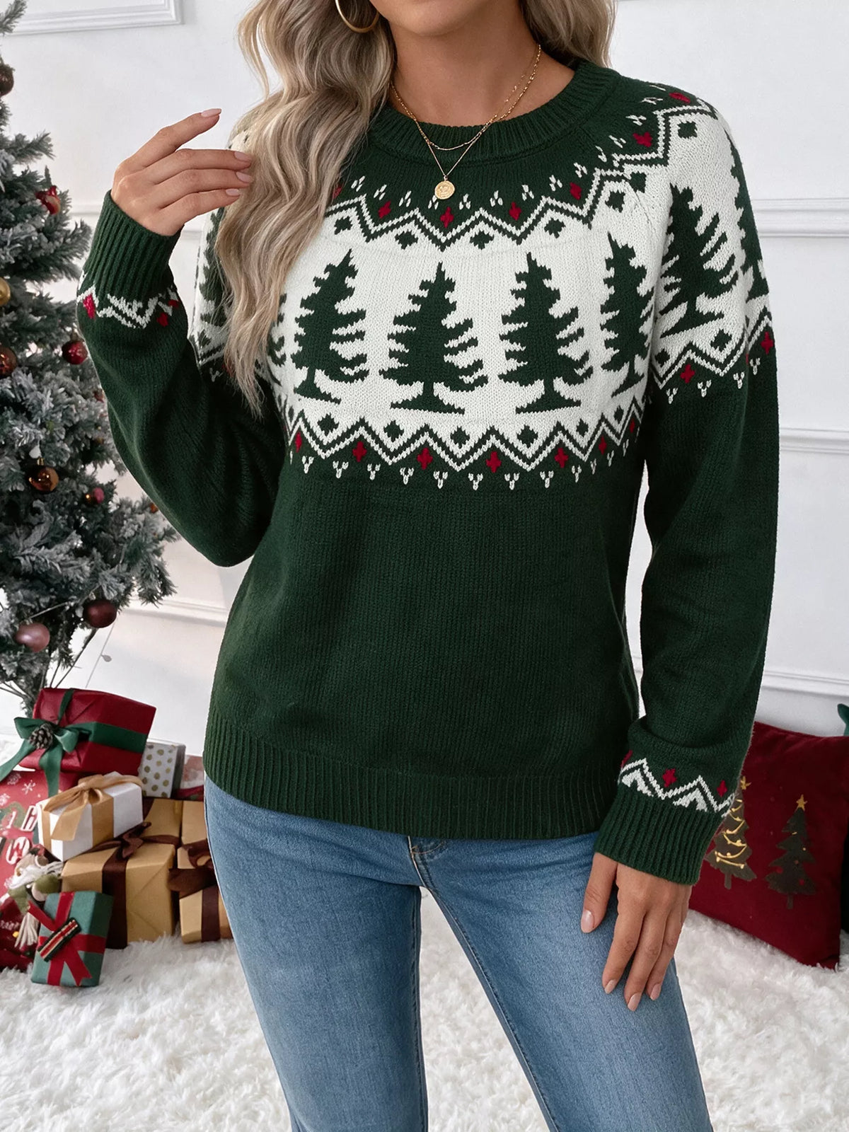 Christmas Tree Pattern Round Neck Sweater