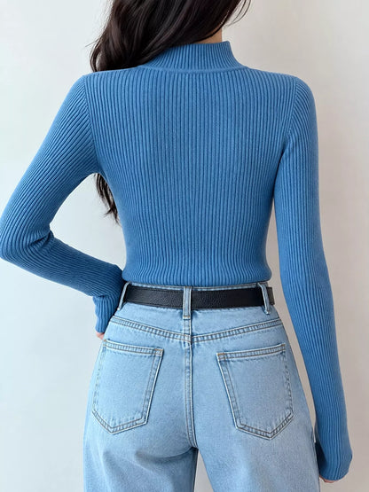 Elegant Slim-Fit Ribbed Mock Neck Knit Top
