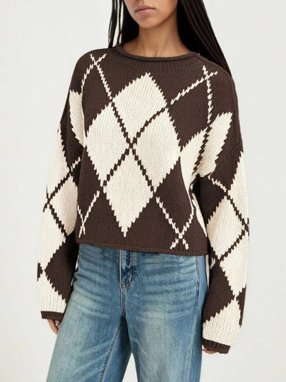 Argyle Pattern Knit Dropped Shoulder Sweater