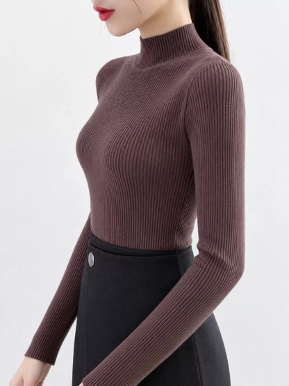 Elegant Slim-Fit Ribbed Mock Neck Knit Top