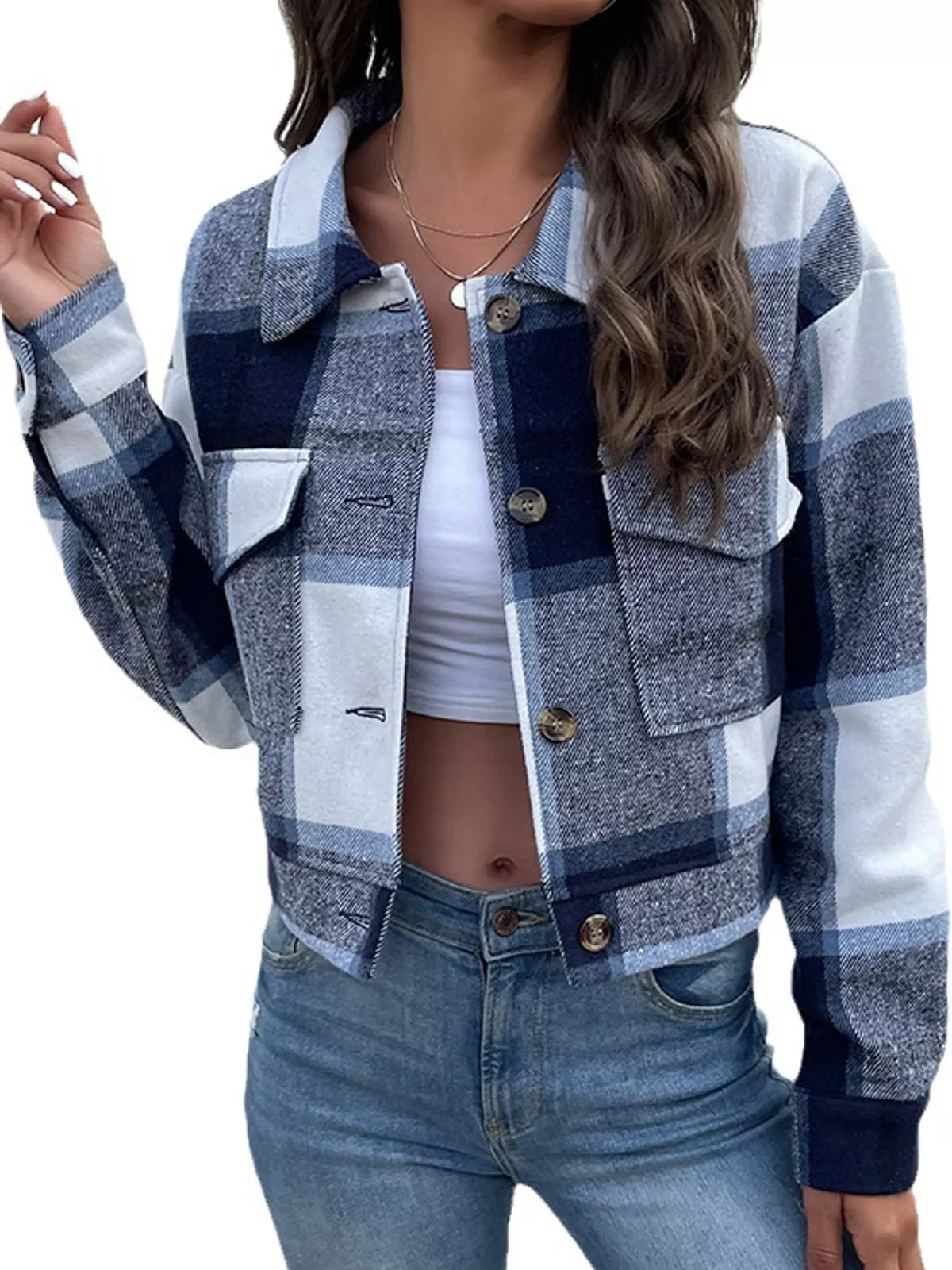 Plaid Button-Up Cropped Jacket
