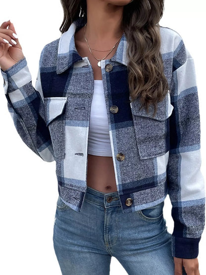 Plaid Button-Up Cropped Jacket