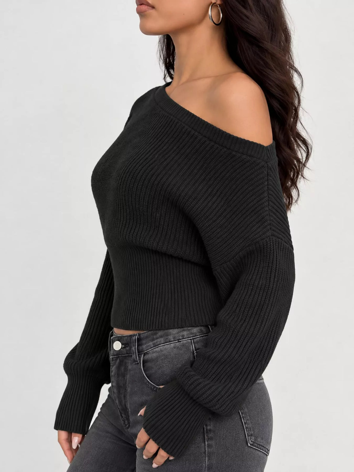 One Shoulder Ribbed Knit Sweater