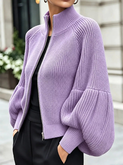 Full Size Elegant Ribbed Knit Zip-Up Cardigan with Lantern Sleeves Plus Size