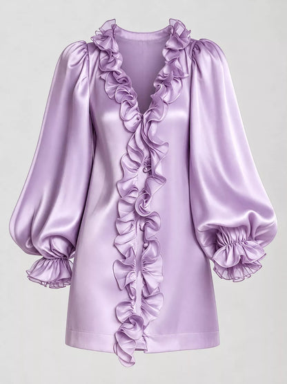 Ruffle Trim Puff Sleeve Mini Dress