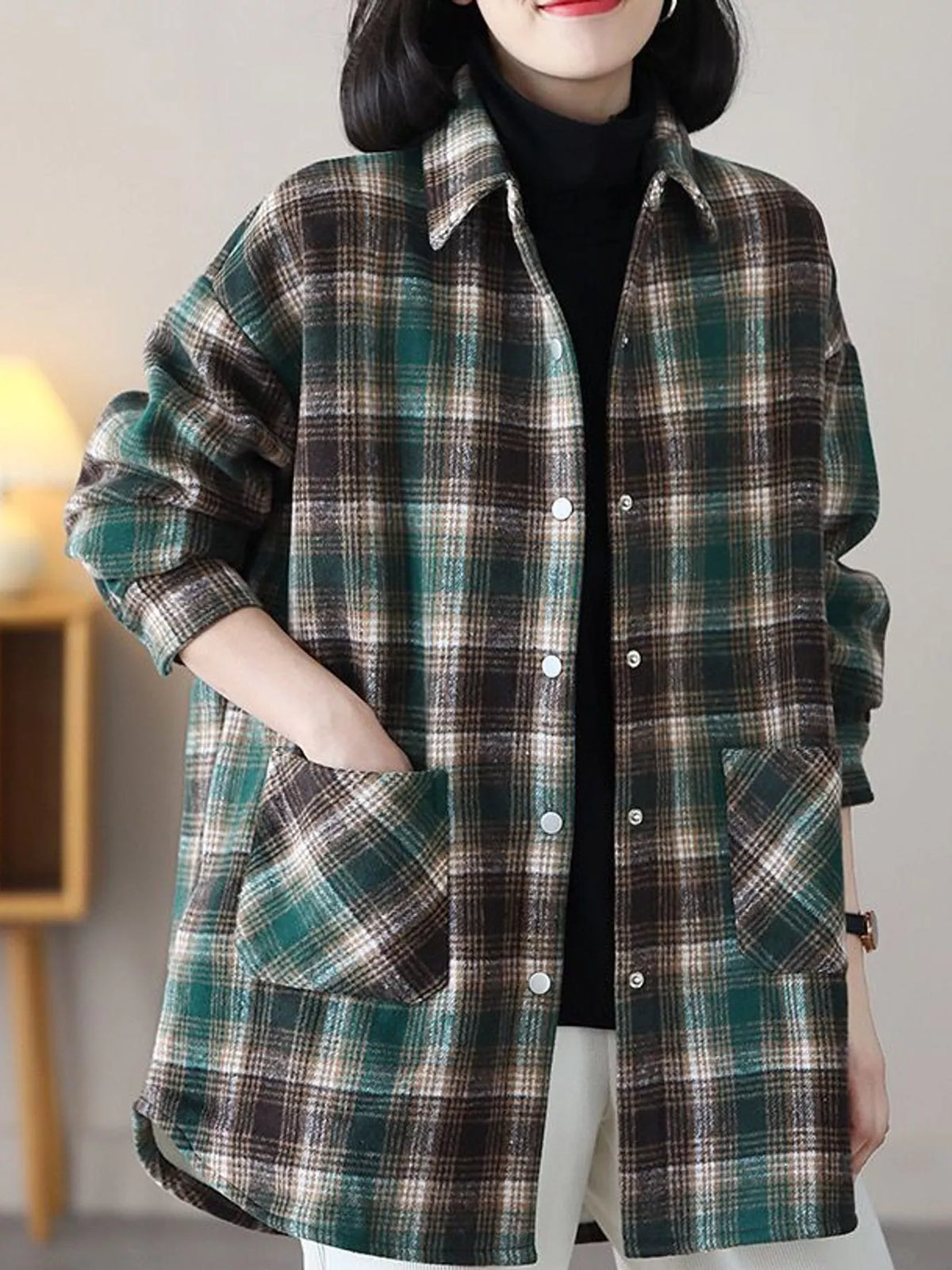 Oversized Plaid Long Sleeve Brushed Shirt with Fleece Lining