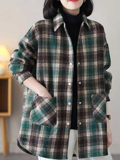 Oversized Plaid Long Sleeve Brushed Shirt with Fleece Lining