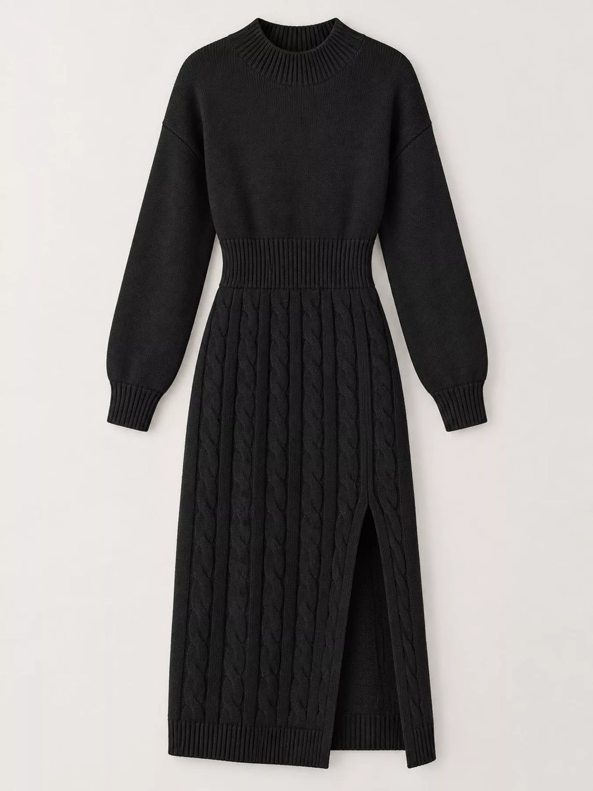 Full Size Mock Neck Cable Knit Sweater Dress with Front Slit Plus Size
