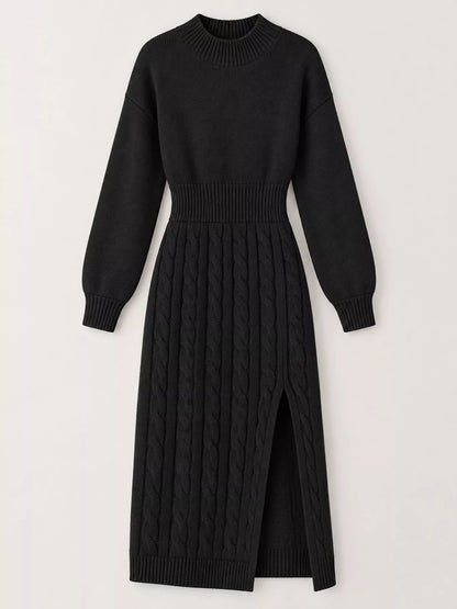 Full Size Mock Neck Cable Knit Sweater Dress with Front Slit Plus Size