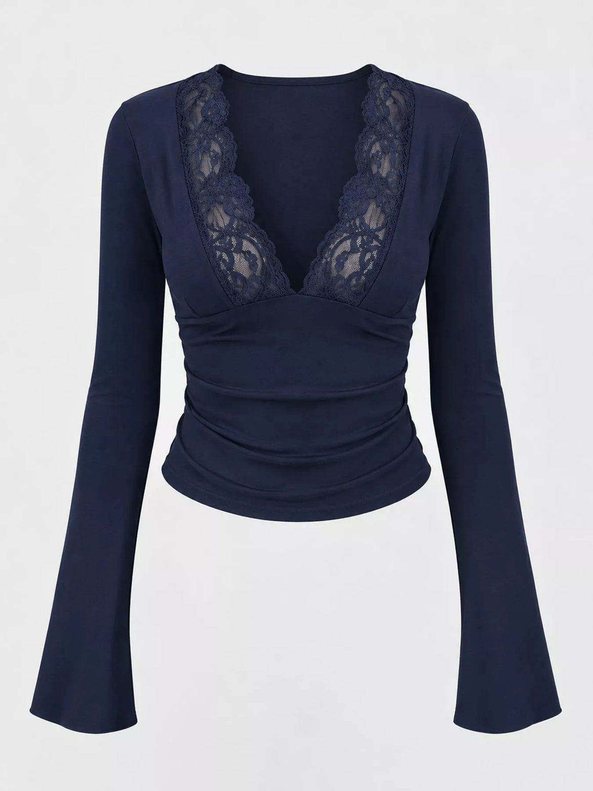 Lace Trim V-Neck Long Sleeve Slim Fit T-Shirt