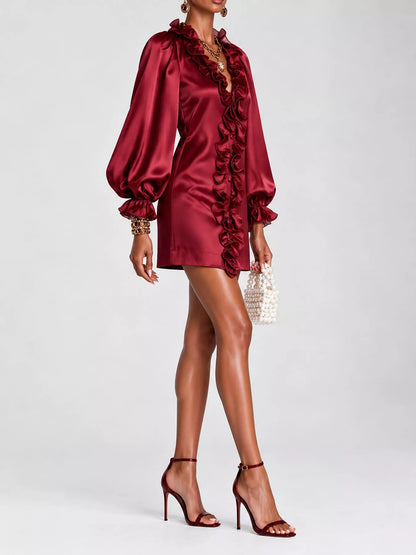 Ruffle Trim Puff Sleeve Mini Dress