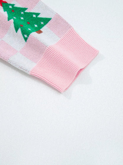 Christmas Tree Pattern Checkered Button V Neck Cardigan