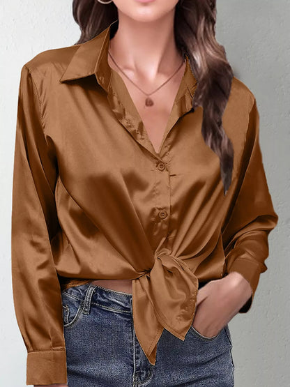 Satin Button-Down Long Sleeve Shirt