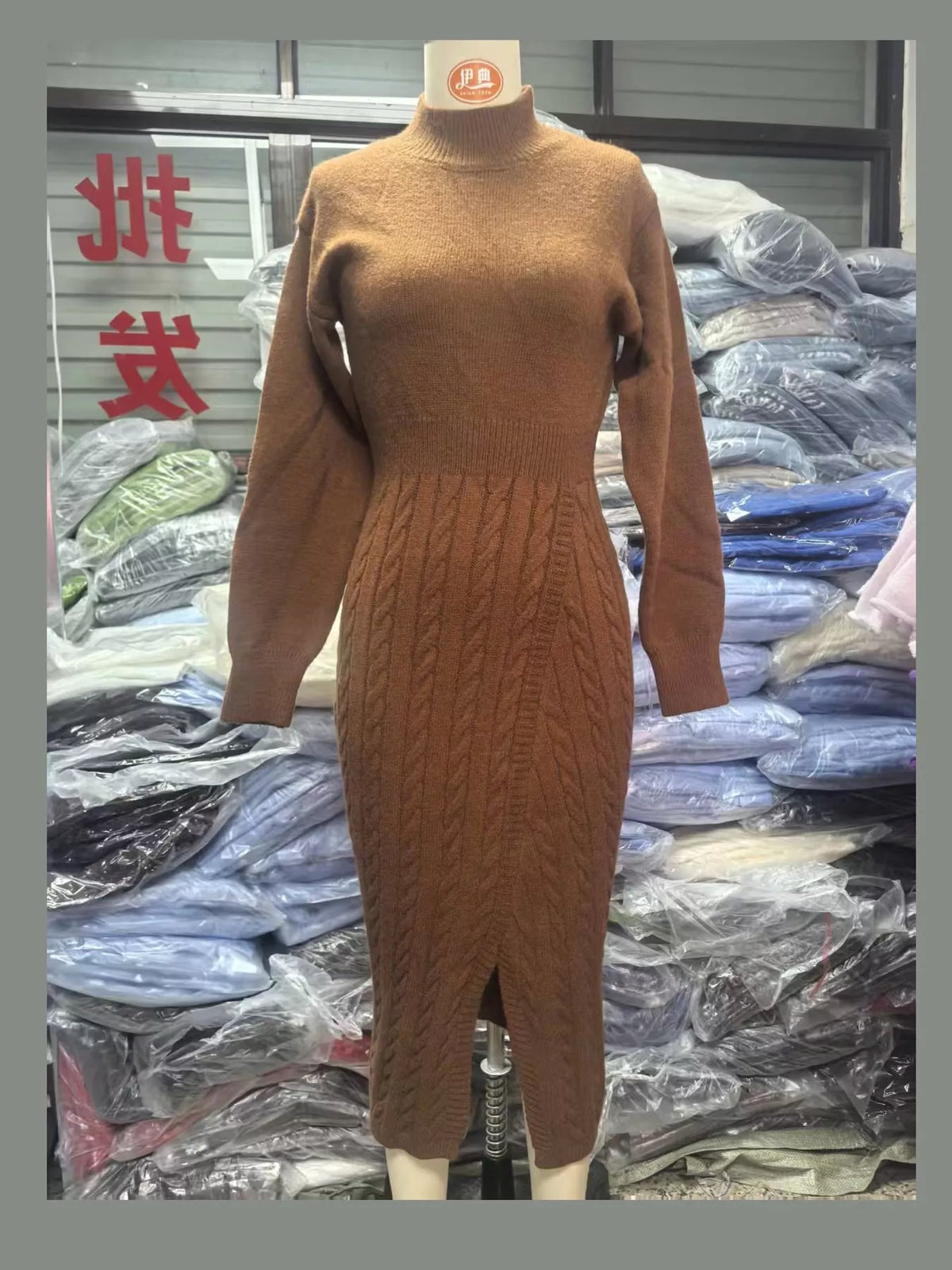 Full Size Mock Neck Cable Knit Sweater Dress with Front Slit Plus Size