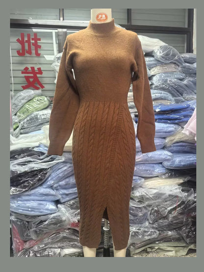 Full Size Mock Neck Cable Knit Sweater Dress with Front Slit Plus Size