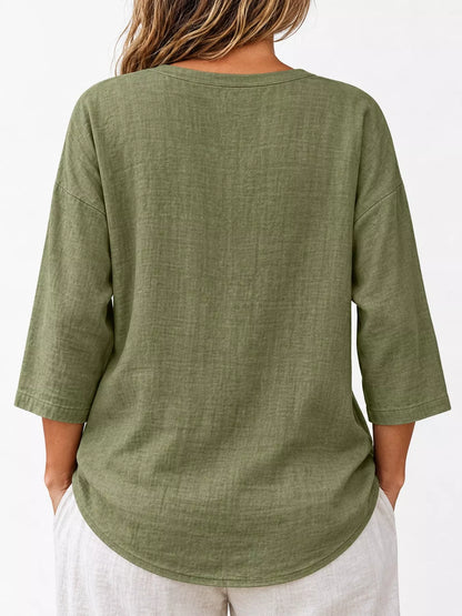 Full Size Button Detail Notched 3/4 Sleeve Blouse Plus Size