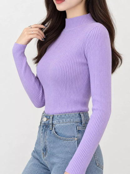 Elegant Slim-Fit Ribbed Mock Neck Knit Top