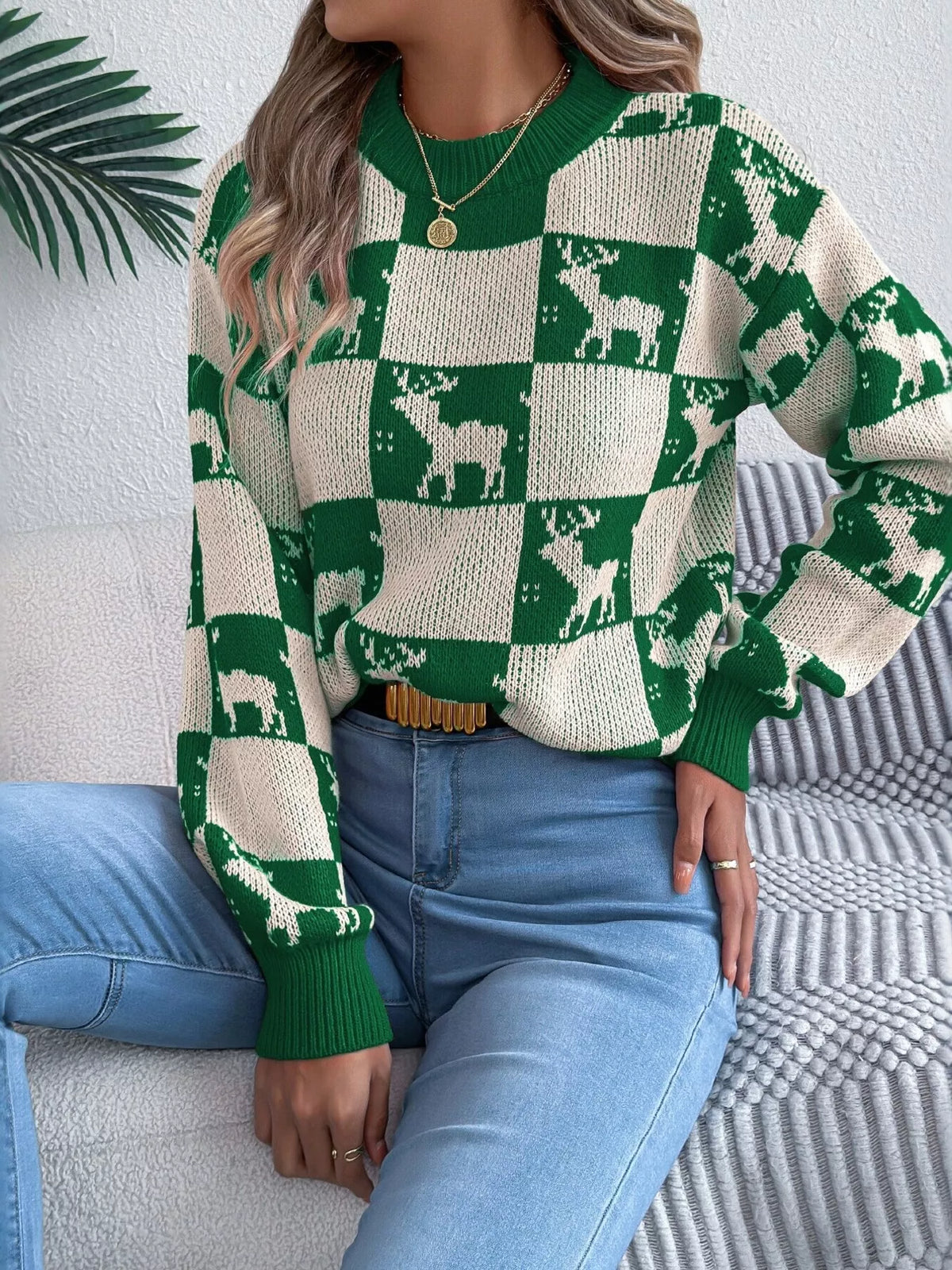 Reindeer Checkerboard Pattern Pullover Sweater