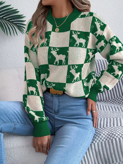 Reindeer Checkerboard Pattern Pullover Sweater