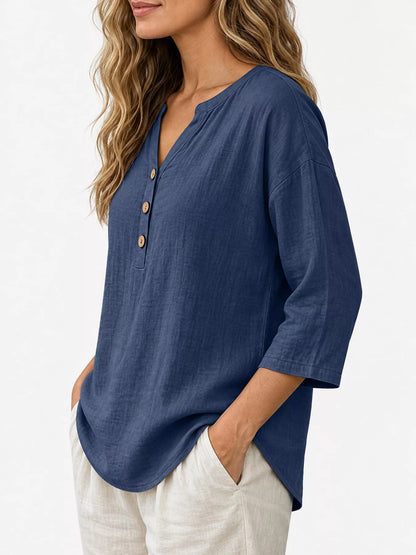 Full Size Button Detail Notched 3/4 Sleeve Blouse Plus Size