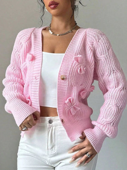 Bow Cable Knit V-Neck Cardigan
