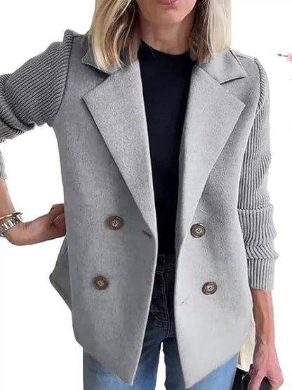 Full Size Double-Breasted Hybrid Blazer with Ribbed Knit Sleeves Plus Size