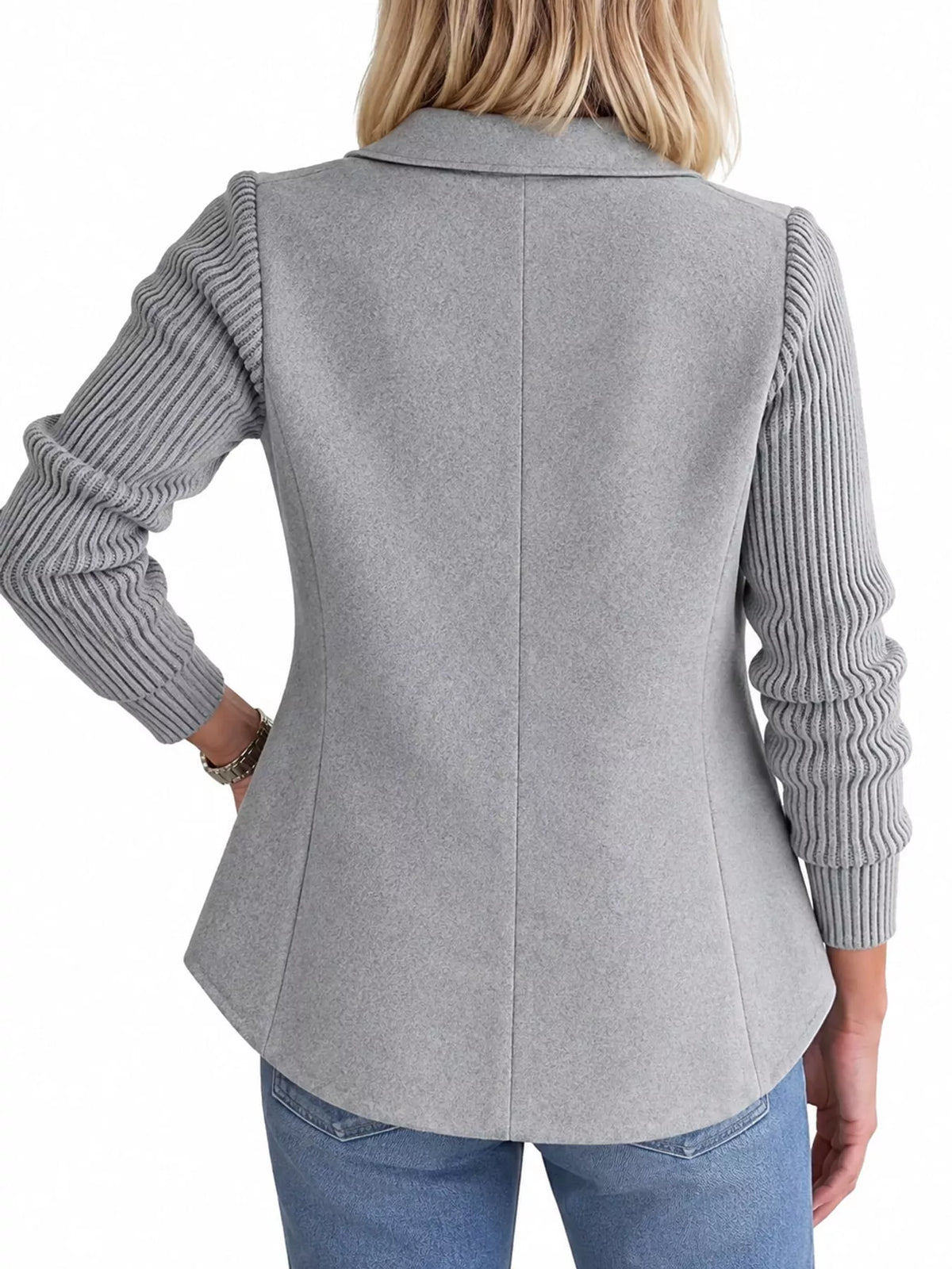 Full Size Double-Breasted Hybrid Blazer with Ribbed Knit Sleeves Plus Size