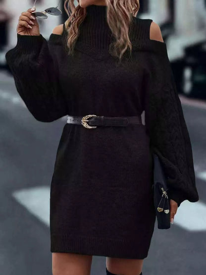Cold Shoulder Cable Knit Mock Neck Sweater Dress