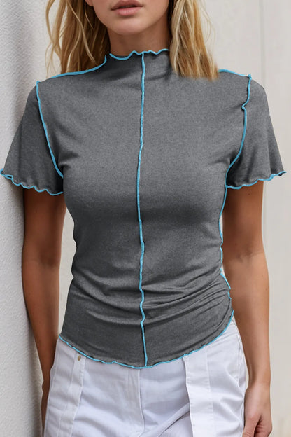 Basic Bae Mock Neck Wave Edge Contrast Stitching Ruffle Short Sleeve Slim Fit Casual Top
