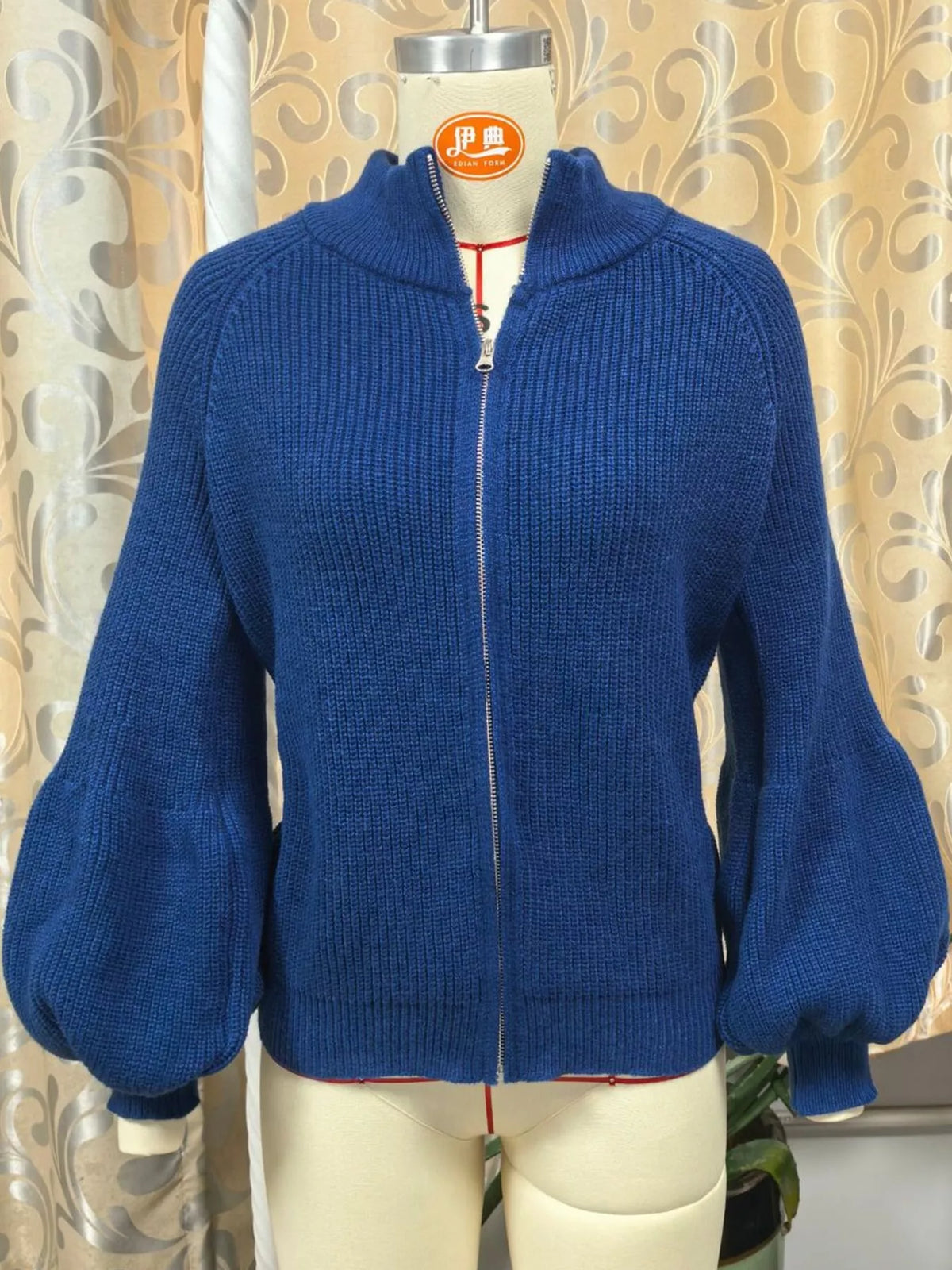 Full Size Elegant Ribbed Knit Zip-Up Cardigan with Lantern Sleeves Plus Size