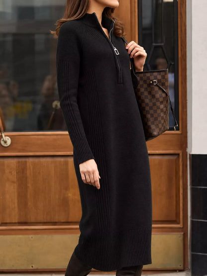 Half-Zip Ribbed Knit Sweater Dress
