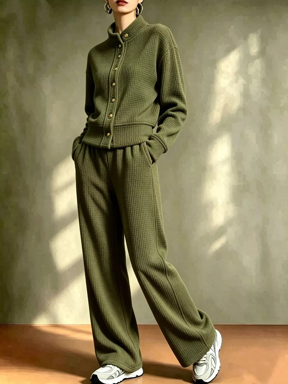 Waffle Knit Button-Up Outerwear and Wide-Leg Pants Set